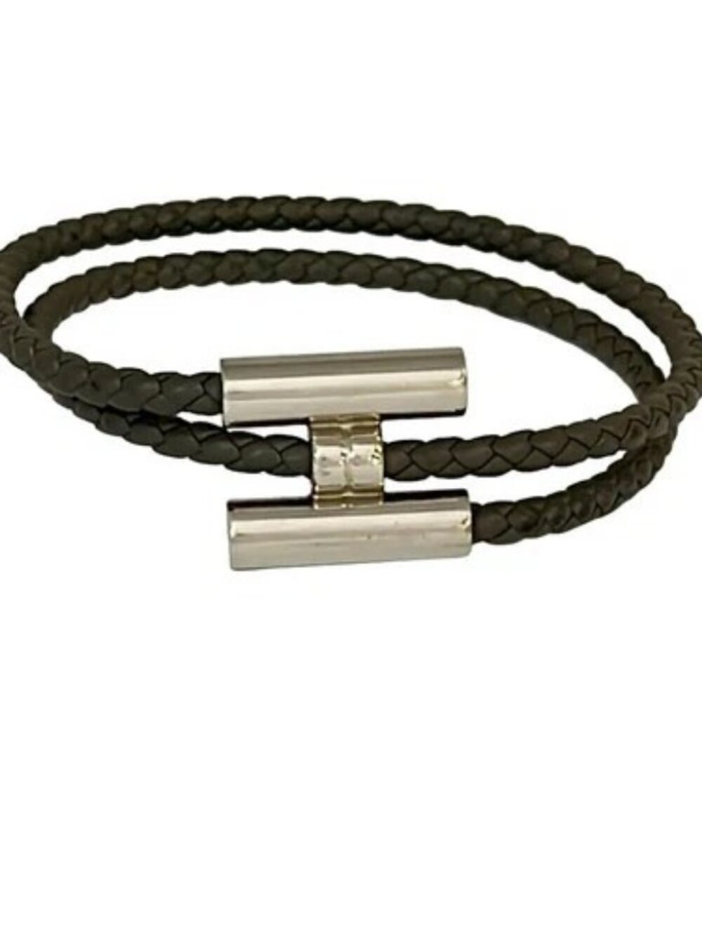 HERMES Tournis Silver Beige Leather Hardware Bracelet